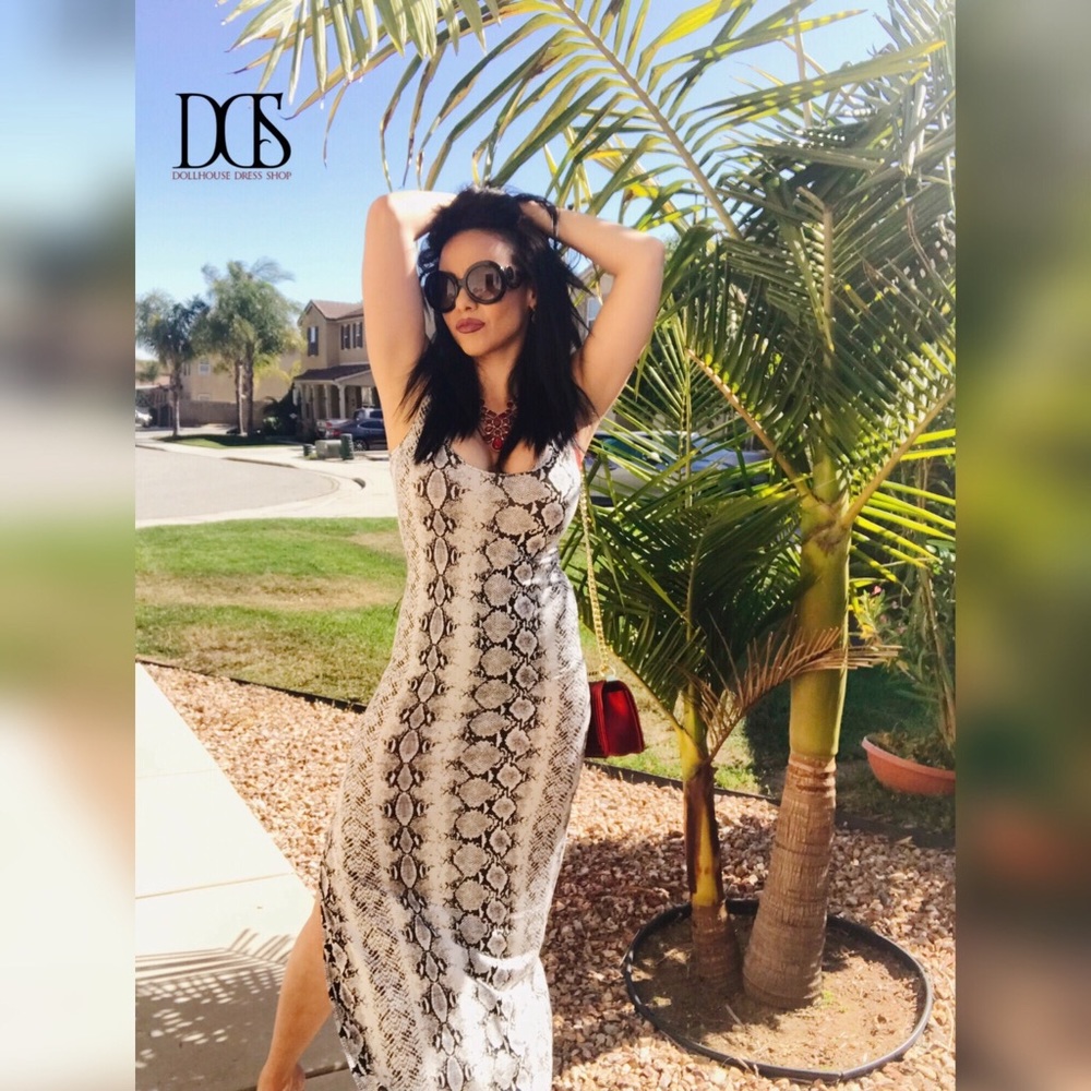 SnakeSkin Print Thigh Split Maxi Dress